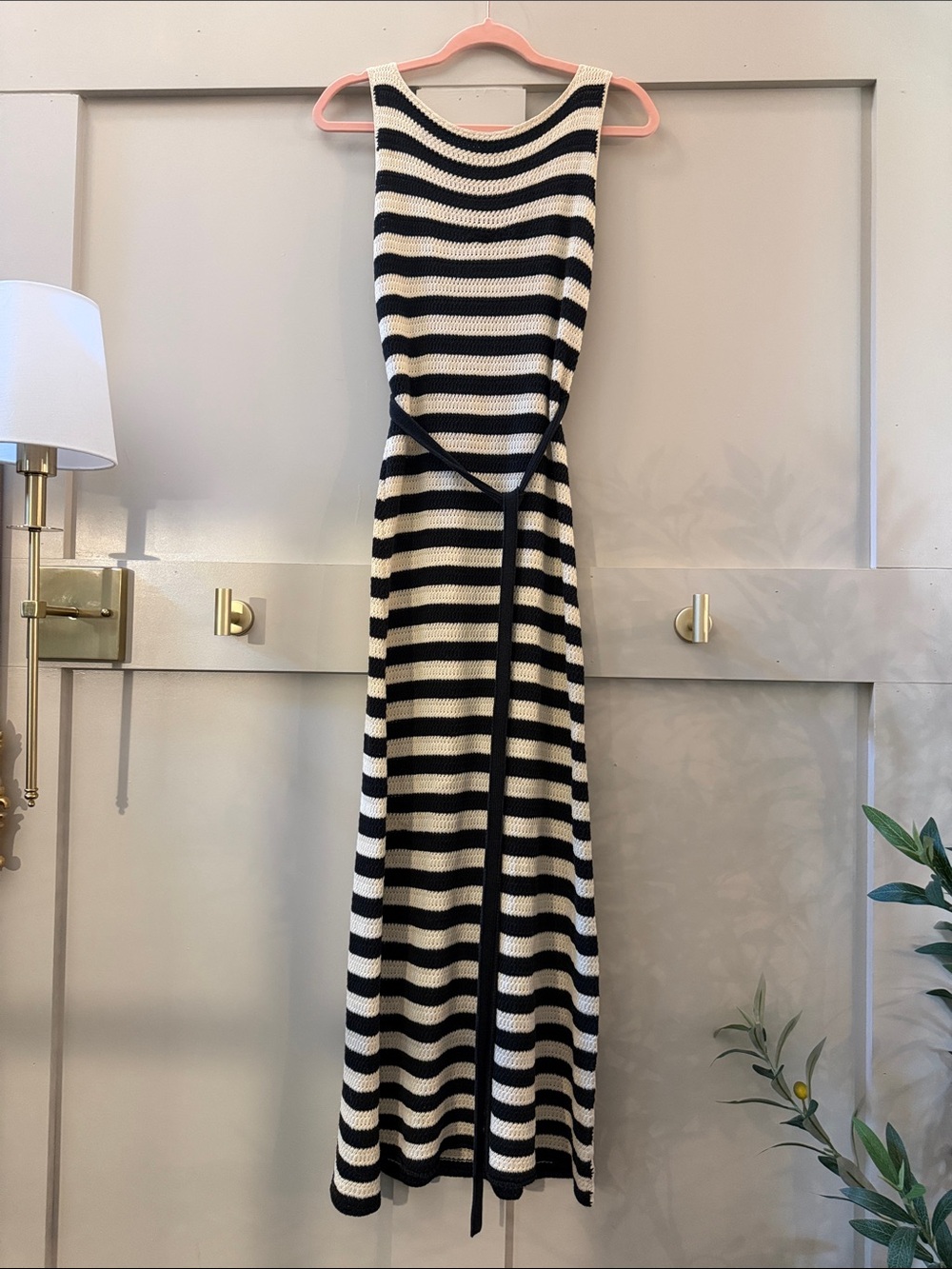 Jason Wu Black and Cream Striped Knit Maxi Dress with Waist Tie